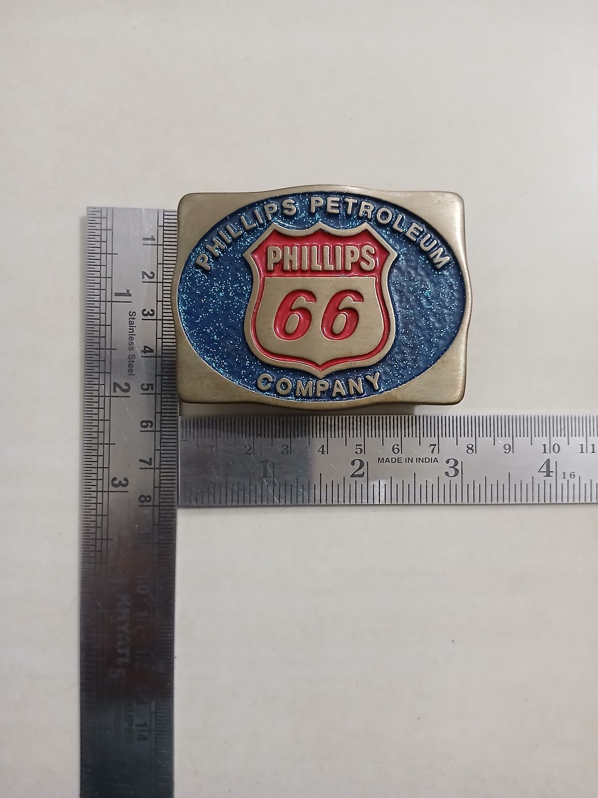 Phillips 66 Petroleum Vintage Belt Buckle – With ruler for size Phillips 66 Petroleum vintage belt buckle – with ruler for size