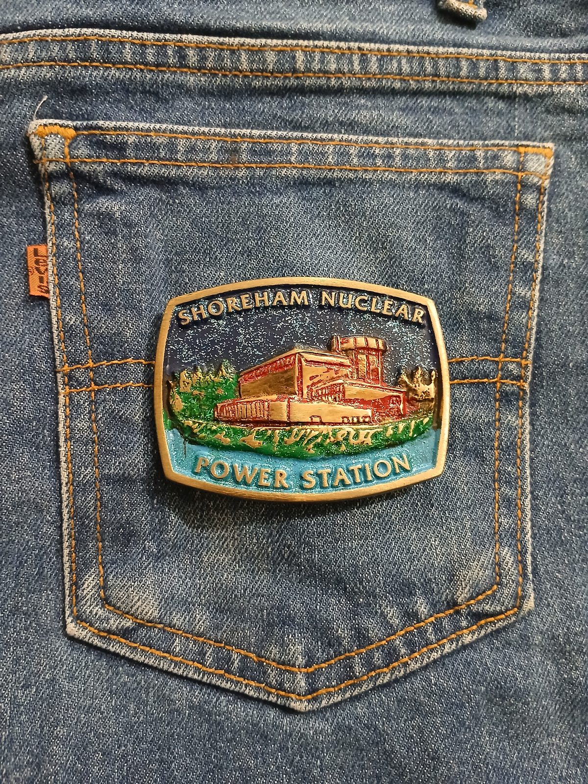Power Station Vintage Belt Buckle – On jeans back pocket Power Station vintage belt buckle – on jeans back pocket
