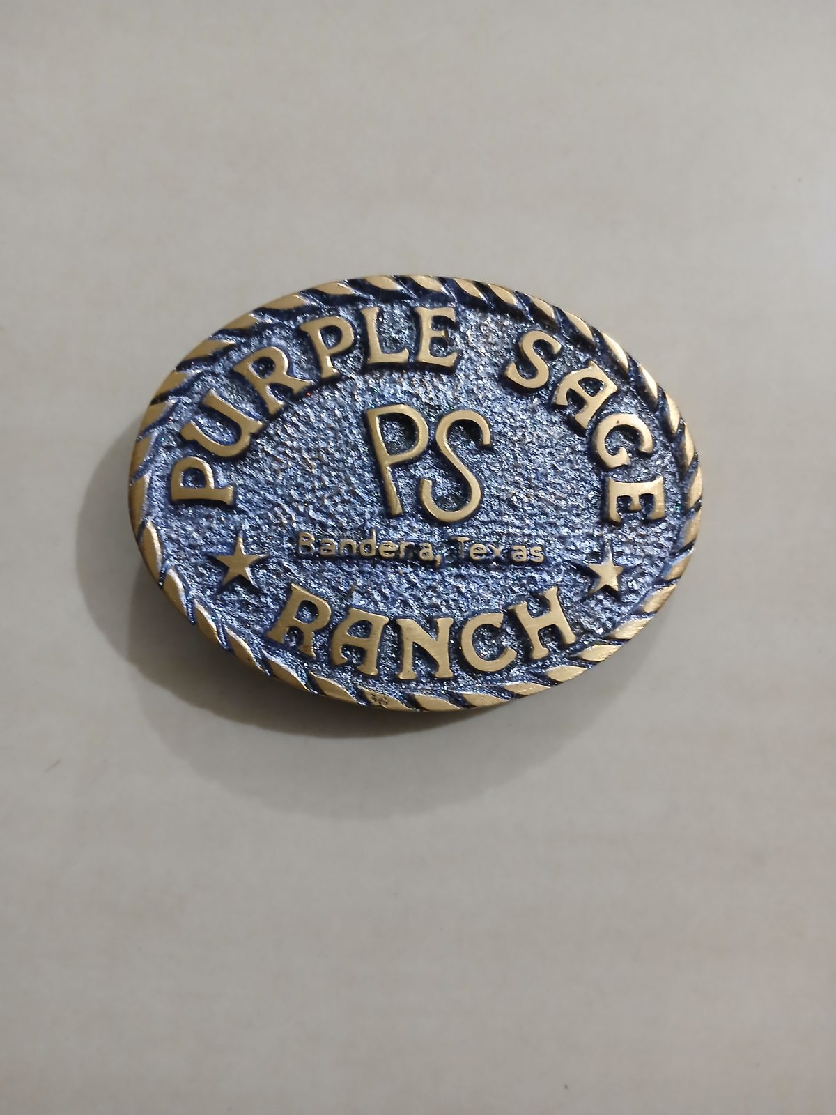 Purple Sage Ranch Bandera Texas Vintage Belt Buckle – Front view Purple Sage Ranch Bandera Texas vintage belt buckle – front view