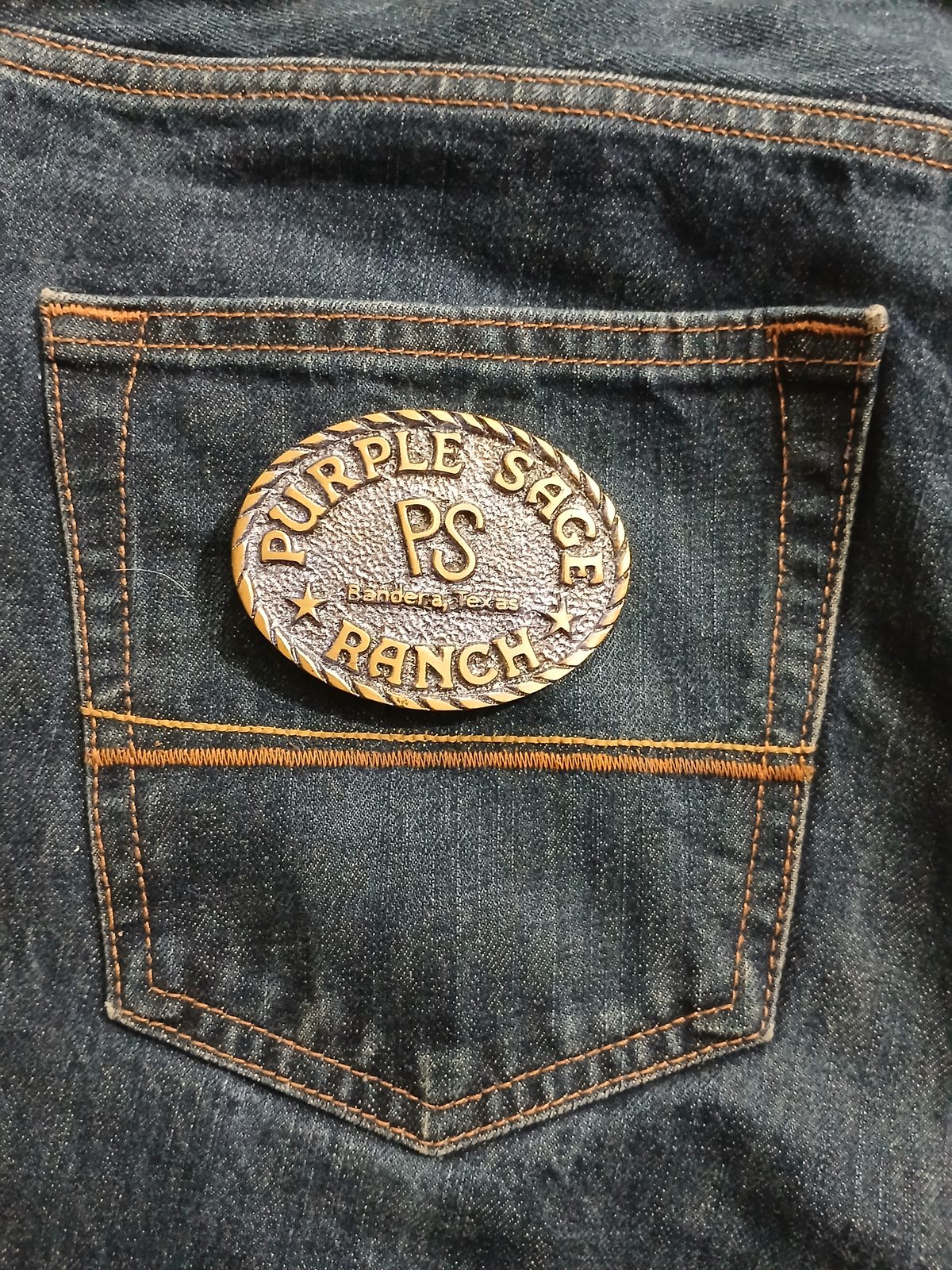 Purple Sage Ranch Bandera Texas Vintage Belt Buckle – On jeans back pocket Purple Sage Ranch Bandera Texas vintage belt buckle – on jeans back pocket
