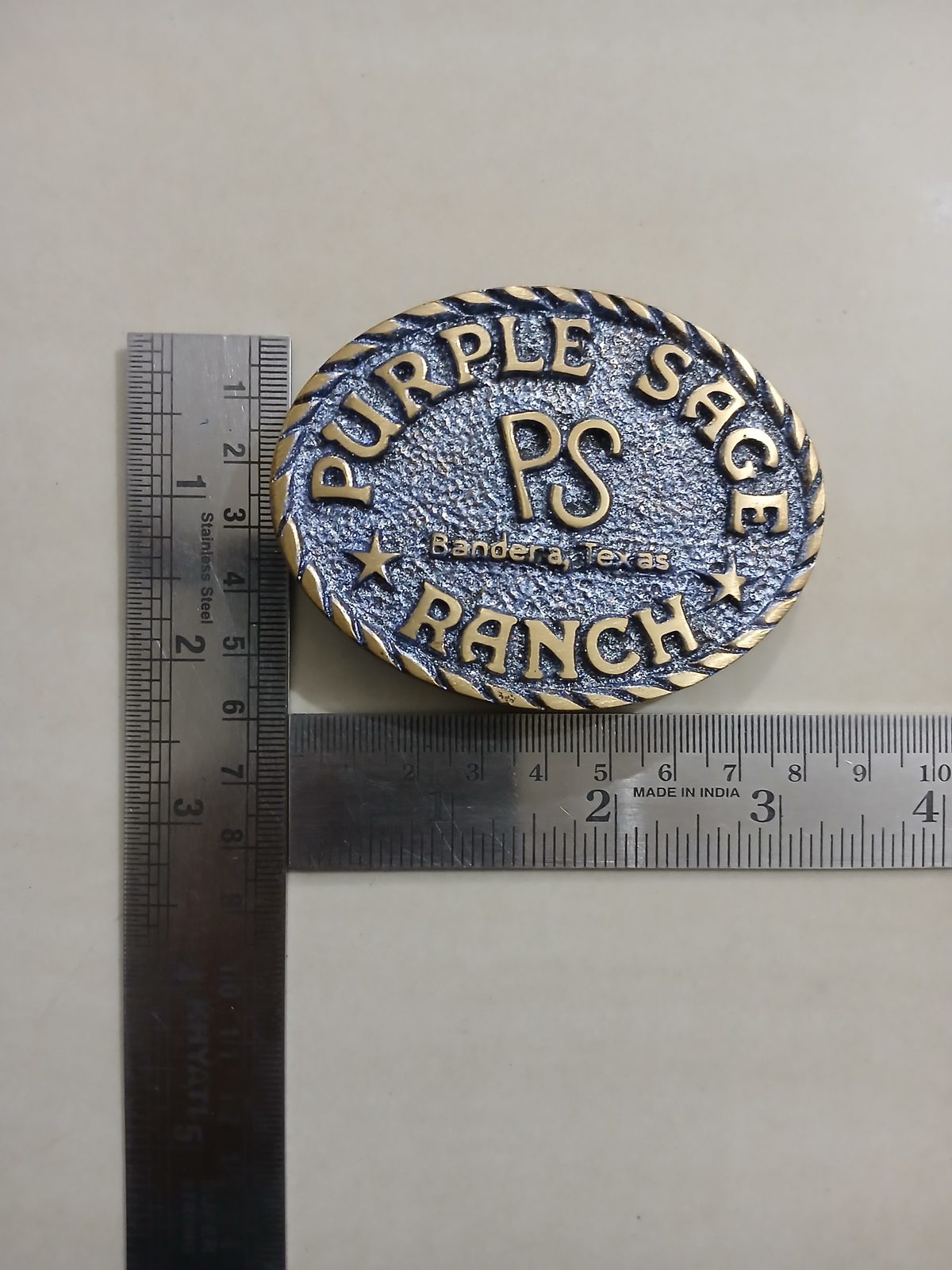 Purple Sage Ranch Bandera Texas Vintage Belt Buckle – With ruler for size Purple Sage Ranch Bandera Texas vintage belt buckle – with ruler for size