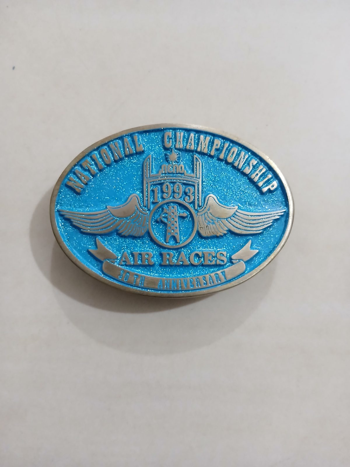 Reno Air Races 1993 National Championship Vintage Belt Buckle – Front view Reno Air Races 1993 National Championship vintage belt buckle – front view
