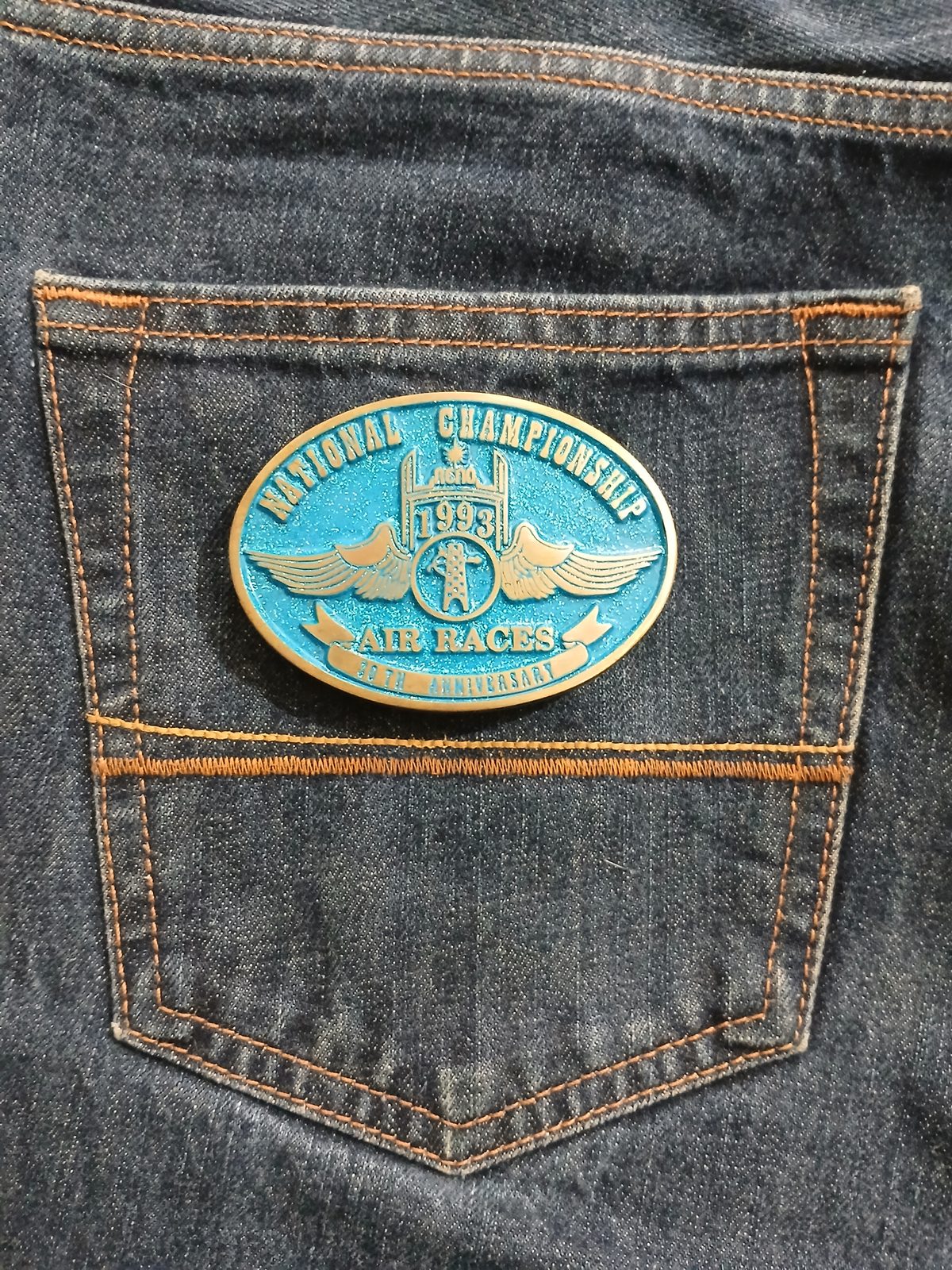 Reno Air Races 1993 National Championship Vintage Belt Buckle – On jeans back pocket Reno Air Races 1993 National Championship vintage belt buckle – on jeans back pocket
