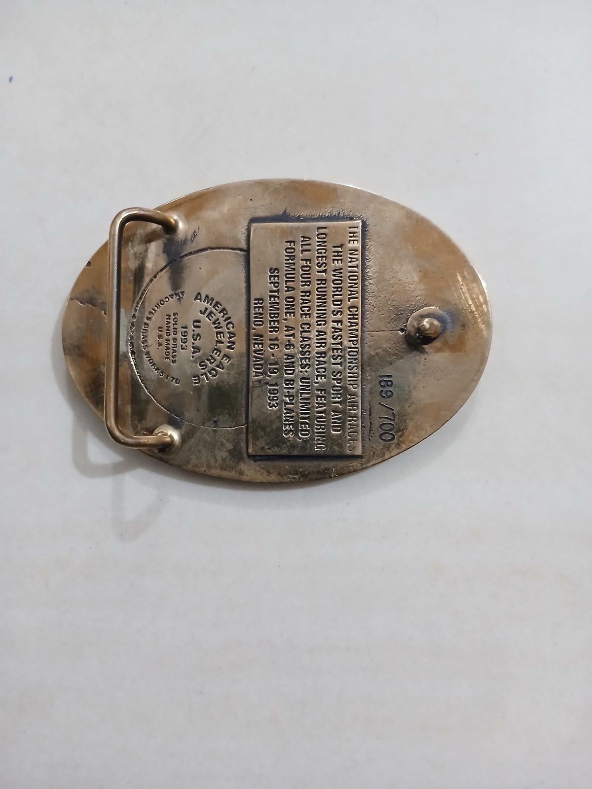 Reno Air Races 1993 National Championship Vintage Belt Buckle – Back view Reno Air Races 1993 National Championship vintage belt buckle – back view