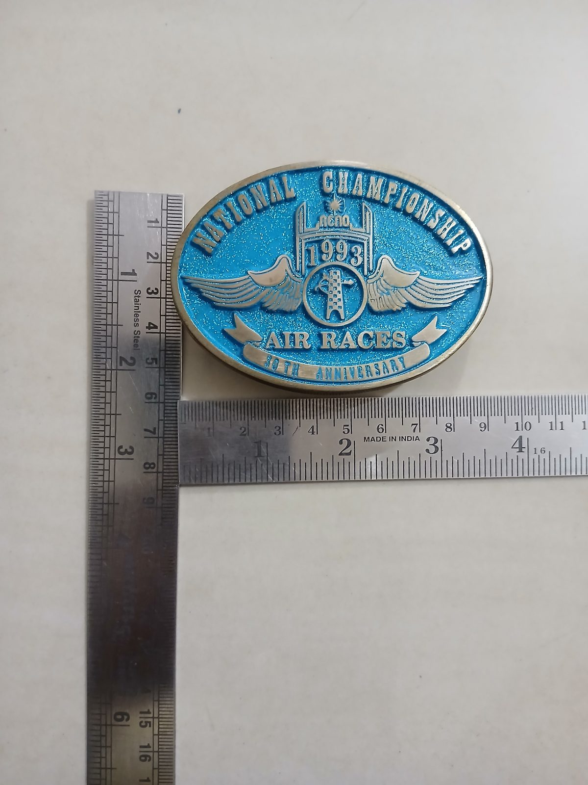 Reno Air Races 1993 National Championship Vintage Belt Buckle – With ruler for size Reno Air Races 1993 National Championship vintage belt buckle – with ruler for size
