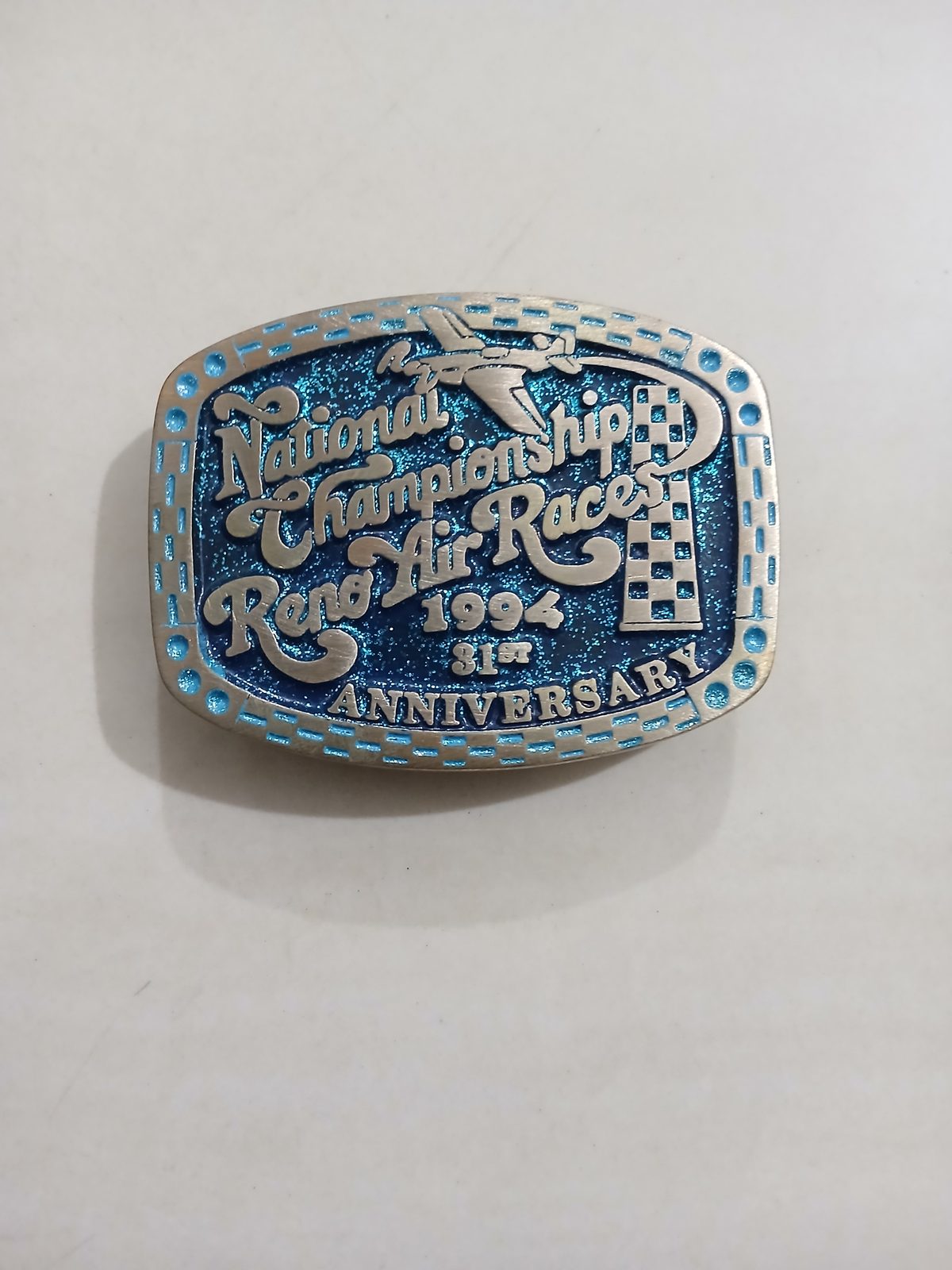 Reno Air Races 1994 National Championship Vintage Belt Buckle – Front view Reno Air Races 1994 National Championship vintage belt buckle – front view