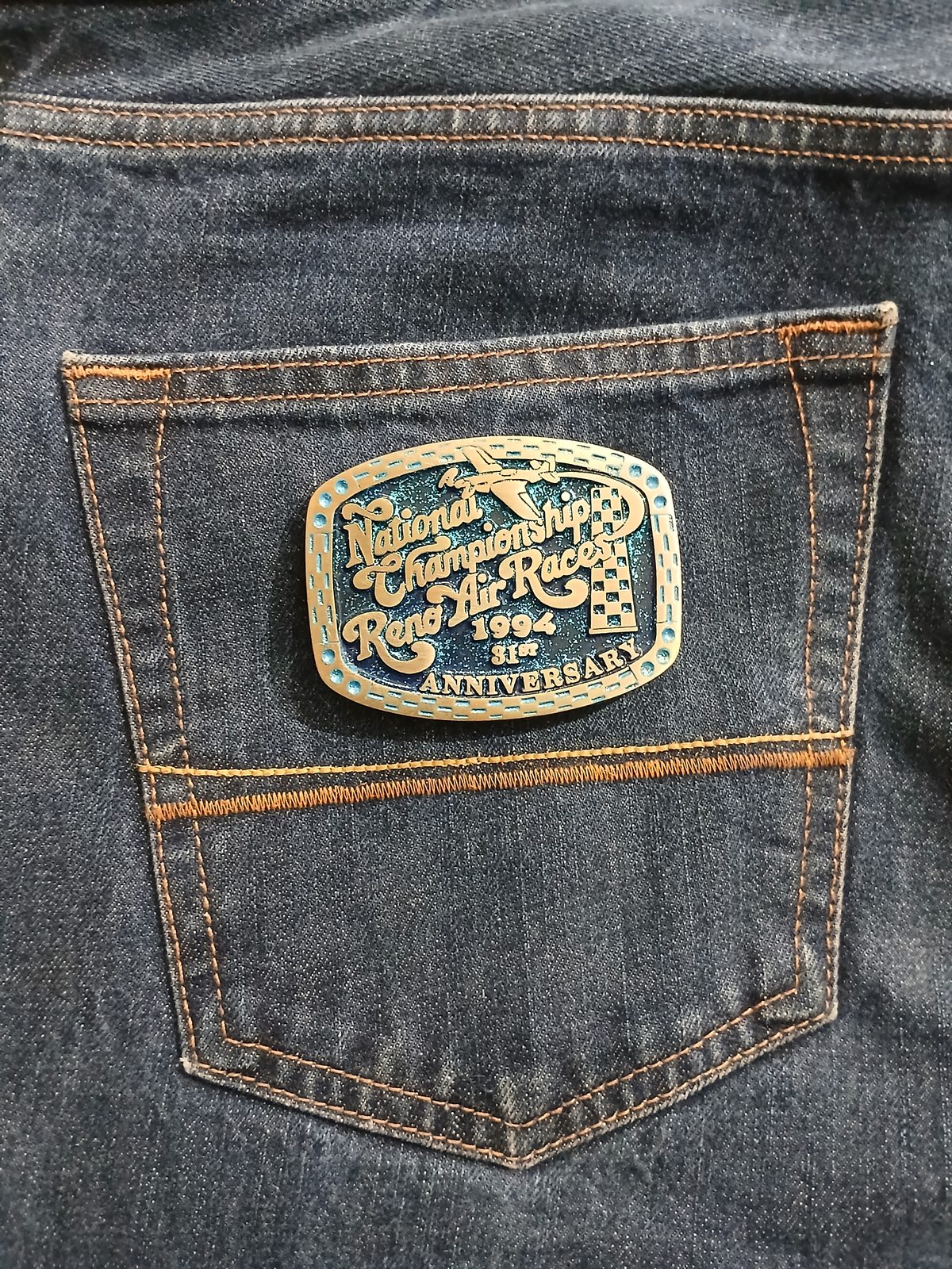 Reno Air Races 1994 National Championship Vintage Belt Buckle – On jeans back pocket Reno Air Races 1994 National Championship vintage belt buckle – on jeans back pocket
