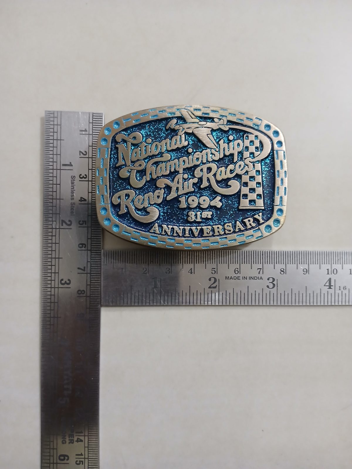 Reno Air Races 1994 National Championship Vintage Belt Buckle – With ruler for size Reno Air Races 1994 National Championship vintage belt buckle – with ruler for size