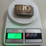 Rio Petroleum Inc vintage belt buckle – on scale showing weight