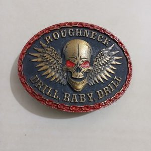 Roughneck Drill Baby Drill vintage belt buckle – front view