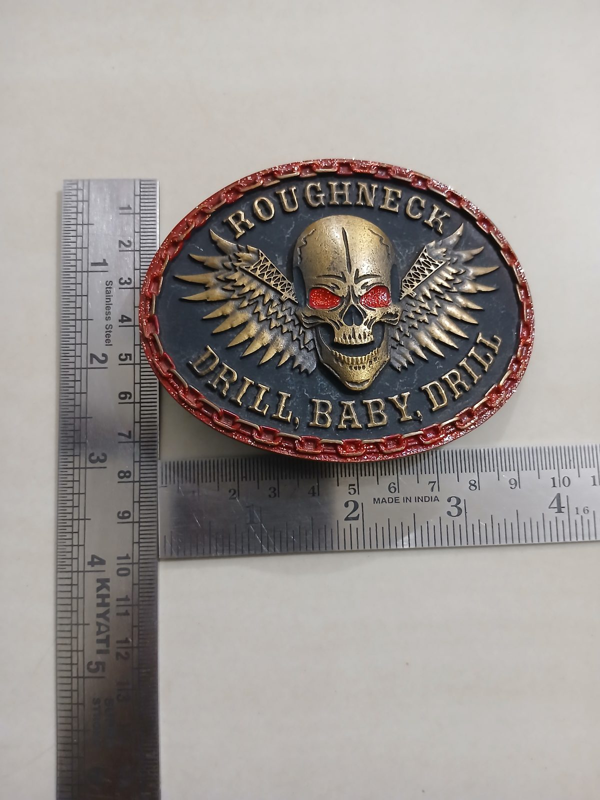 Roughneck Drill Baby Drill Vintage Belt Buckle – With ruler for size Roughneck Drill Baby Drill vintage belt buckle – with ruler for size