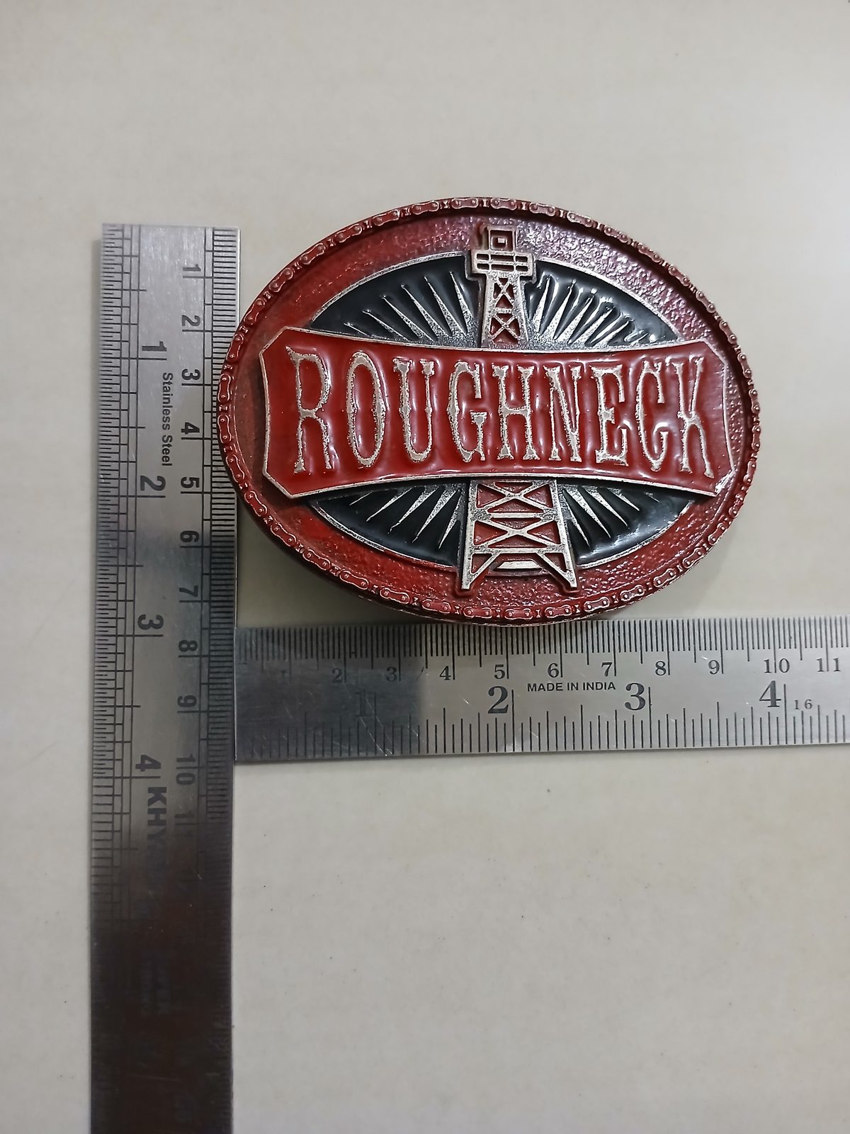 Roughneck Oil Derrick Vintage Belt Buckle – With ruler for size Roughneck Oil Derrick vintage belt buckle – with ruler for size