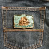 Sailing Ship vintage belt buckle – on jeans back pocket