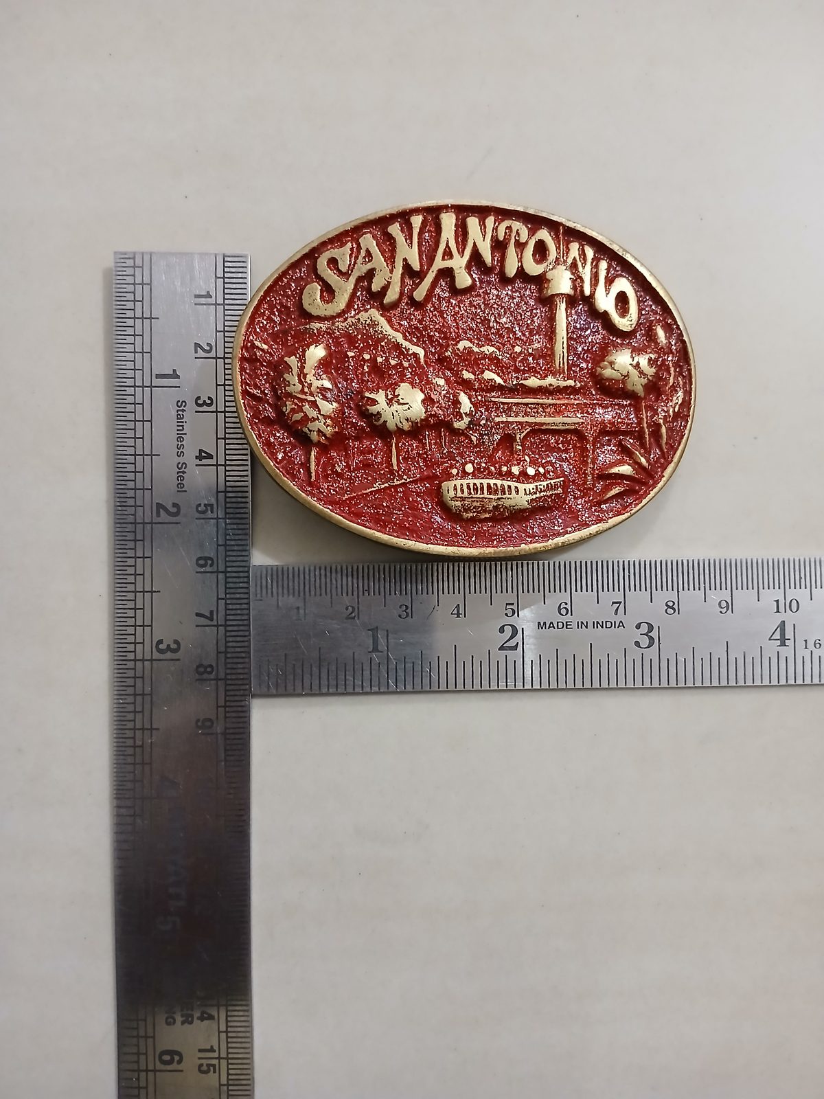San Antonio Riverwalk Vintage Belt Buckle – With ruler for size San Antonio Riverwalk vintage belt buckle – with ruler for size