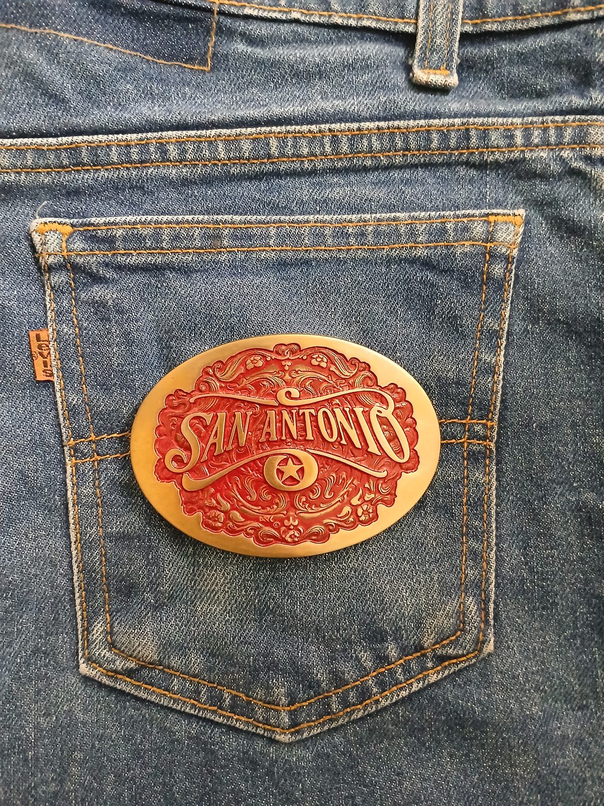 San Antonio Vintage Belt Buckle – On jeans back pocket San Antonio vintage belt buckle – on jeans back pocket