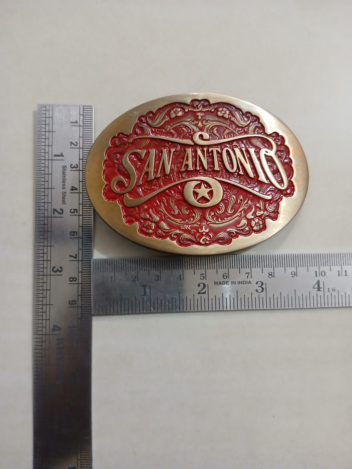 San Antonio Vintage Belt Buckle – With ruler for size San Antonio vintage belt buckle – with ruler for size