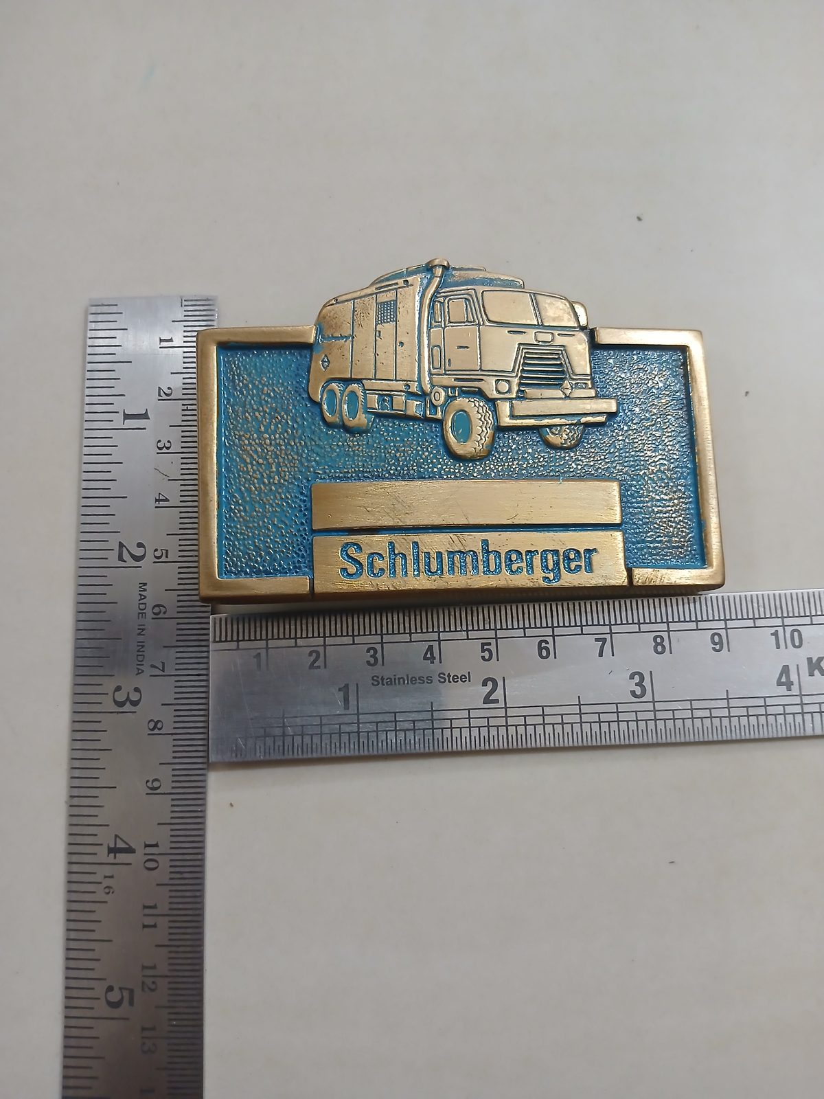 Schlumberger Truck Vintage Belt Buckle – With ruler for size Schlumberger Truck vintage belt buckle – with ruler for size