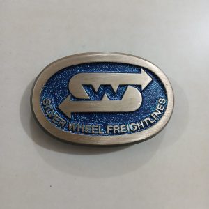 Silver Wheel Freightlines vintage belt buckle – front view