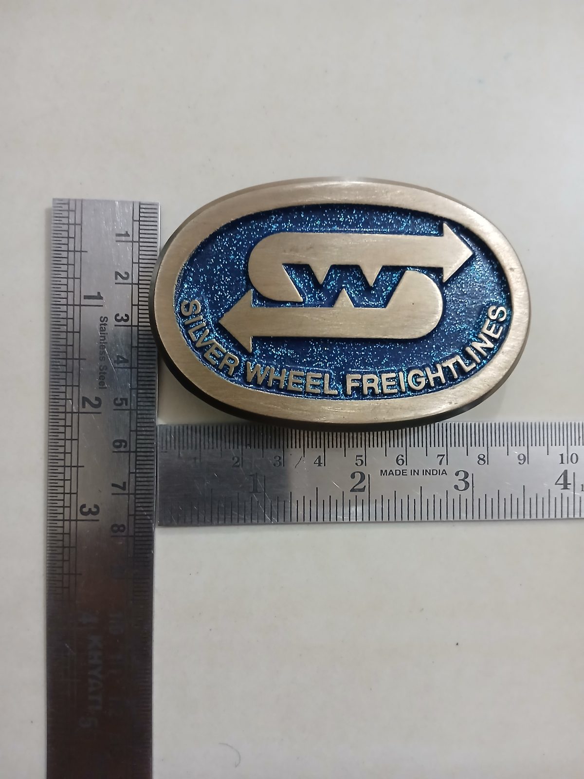 Silver Wheel Freightlines Vintage Belt Buckle – With ruler for size Silver Wheel Freightlines vintage belt buckle – with ruler for size