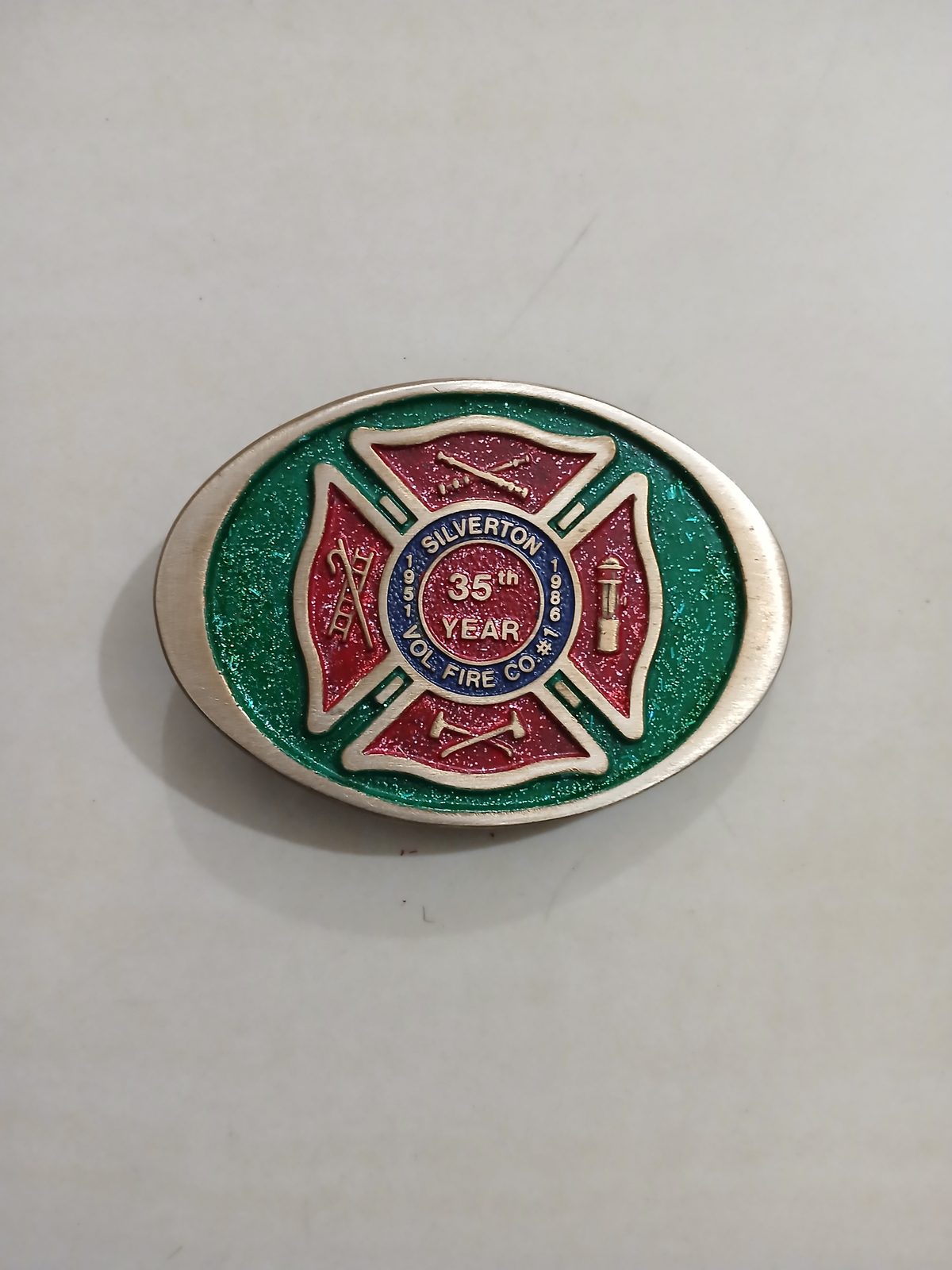 Silverton Vol Fire Co 35th Year Vintage Belt Buckle – Front view Silverton Vol Fire Co 35th Year vintage belt buckle – front view
