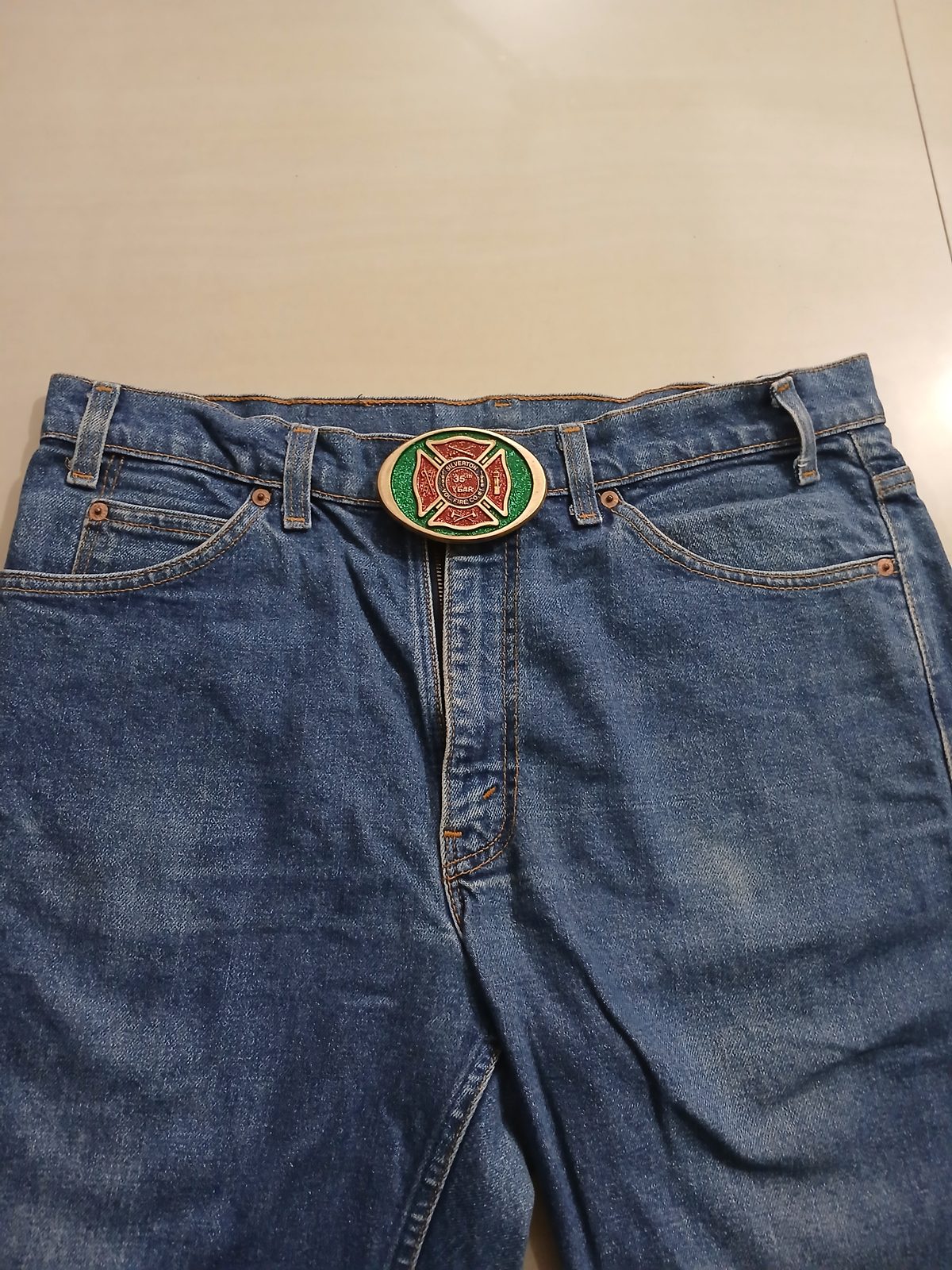 Silverton Vol Fire Co 35th Year Vintage Belt Buckle – Worn on belt with jeans Silverton Vol Fire Co 35th Year vintage belt buckle – worn on belt with jeans
