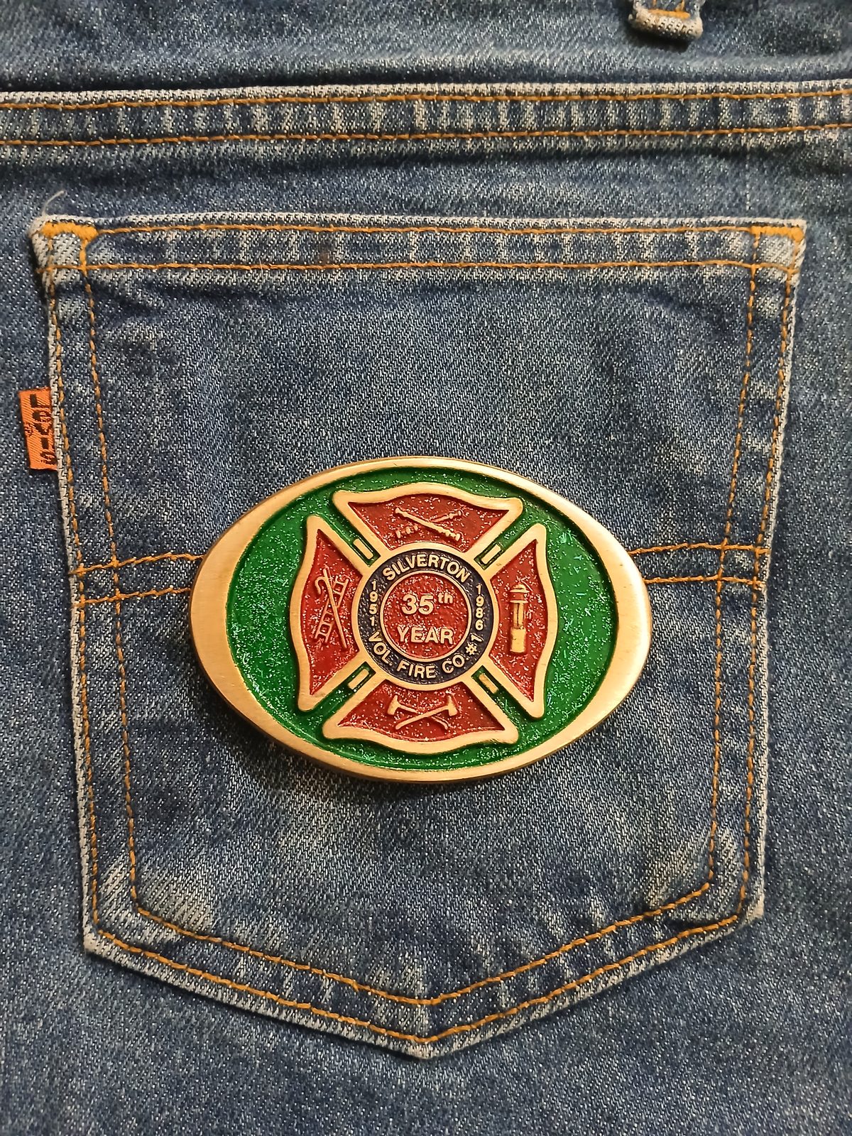 Silverton Vol Fire Co 35th Year Vintage Belt Buckle – On jeans back pocket Silverton Vol Fire Co 35th Year vintage belt buckle – on jeans back pocket