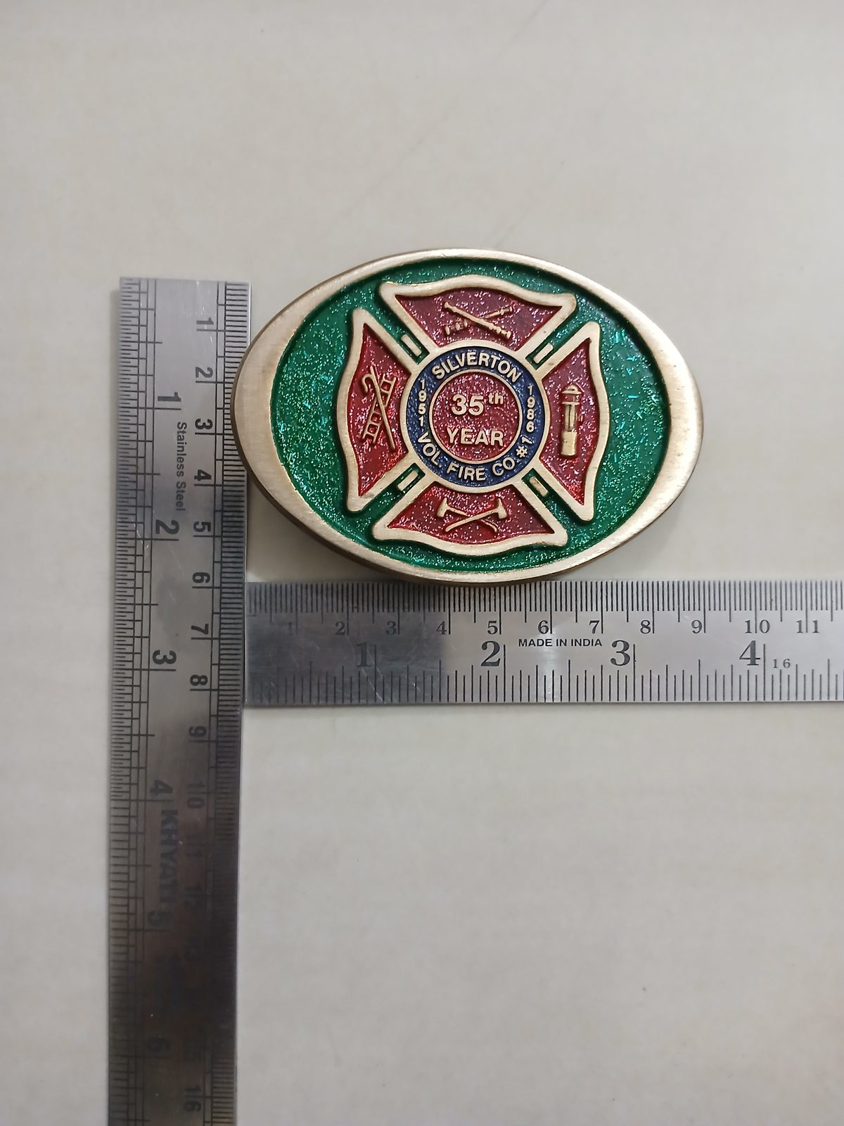 Silverton Vol Fire Co 35th Year Vintage Belt Buckle – With ruler for size Silverton Vol Fire Co 35th Year vintage belt buckle – with ruler for size