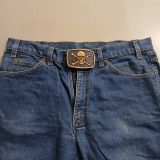 Skull Crossbones vintage belt buckle – worn on belt with jeans