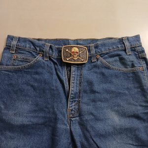 Skull Crossbones vintage belt buckle – worn on belt with jeans