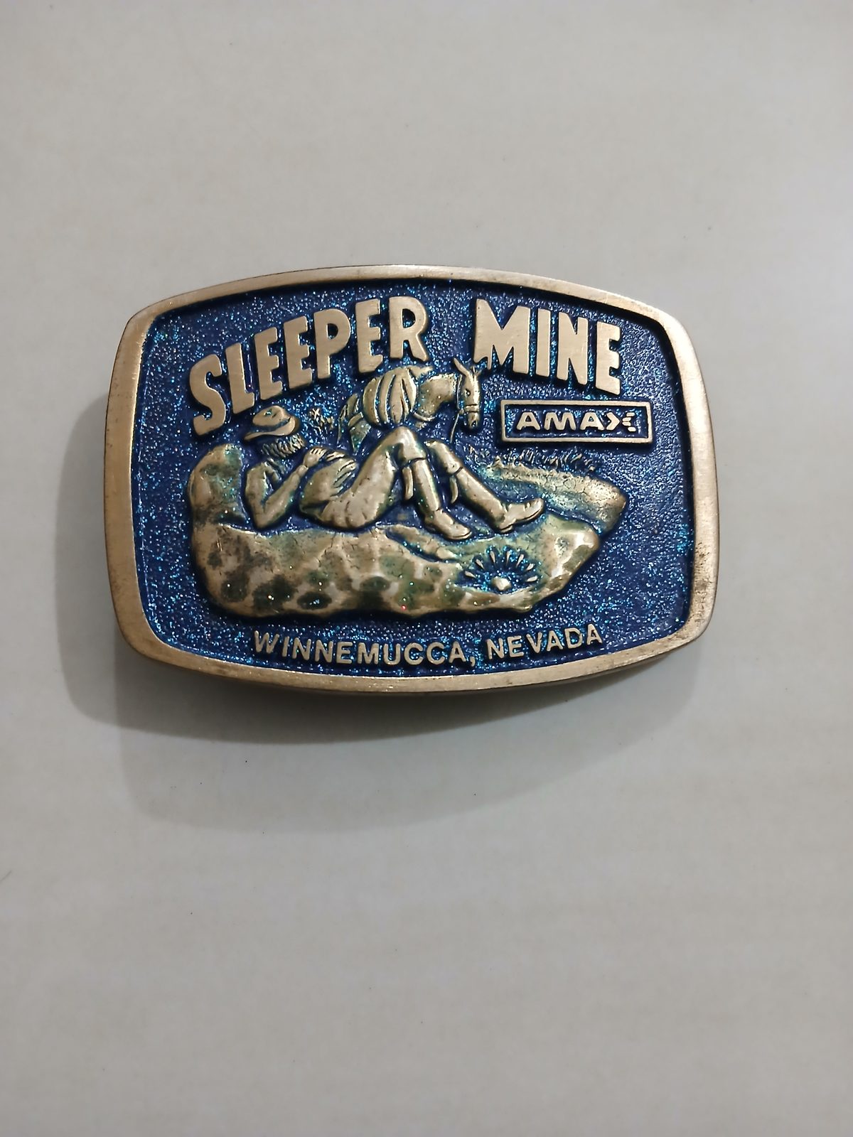 Sleeper Mine AMAX Winnemucca Nevada Vintage Belt Buckle – Front view Sleeper Mine AMAX Winnemucca Nevada vintage belt buckle – front view