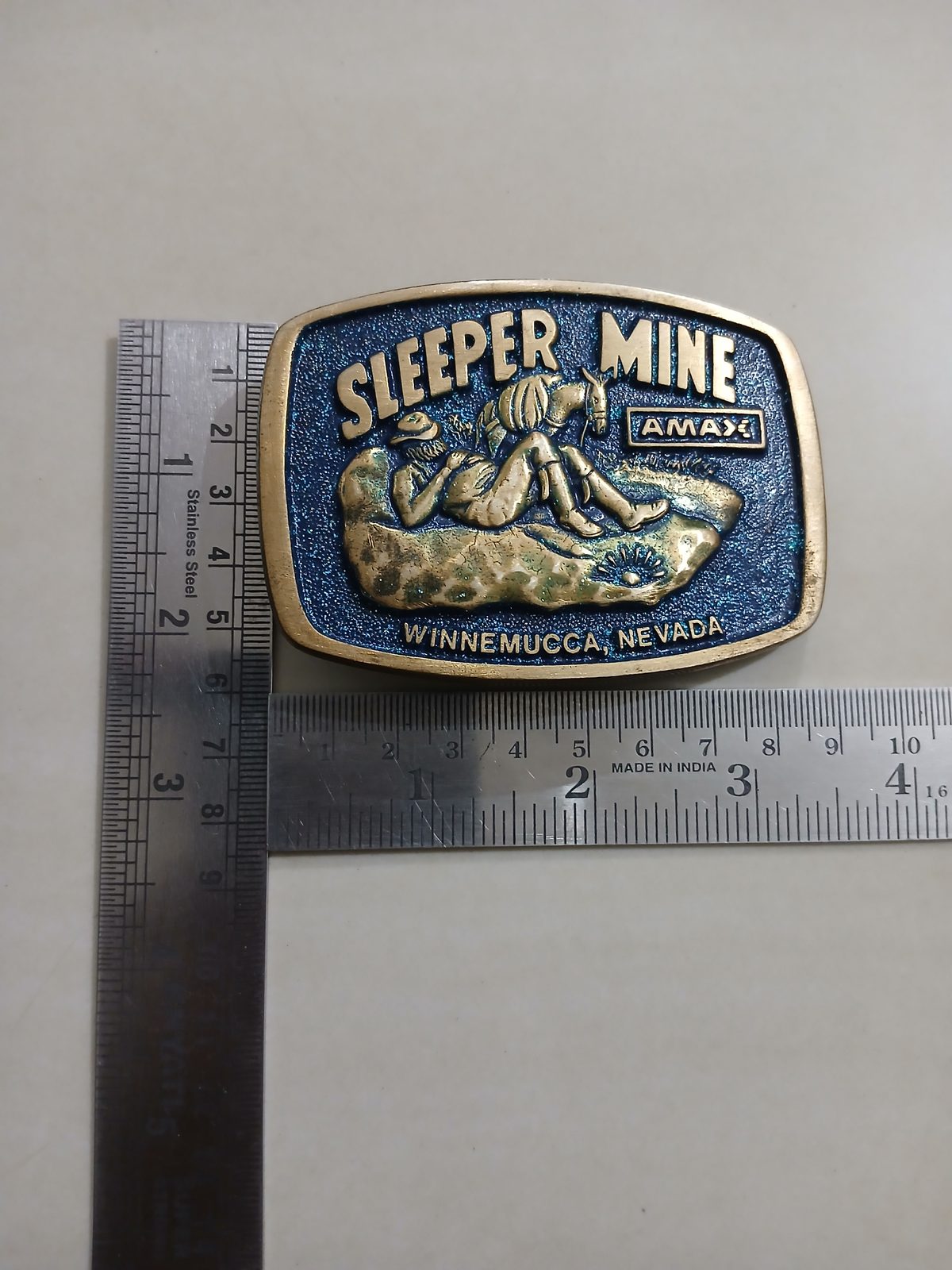 Sleeper Mine AMAX Winnemucca Nevada Vintage Belt Buckle – With ruler for size Sleeper Mine AMAX Winnemucca Nevada vintage belt buckle – with ruler for size