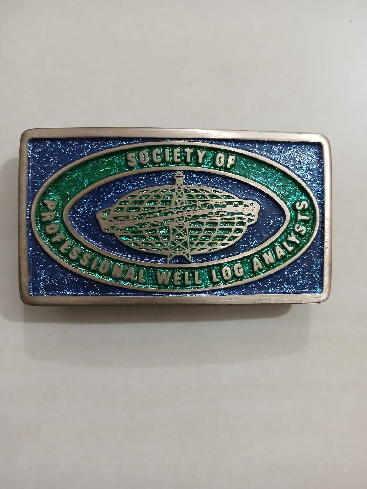 Society of Professional Well Log Analysts Vintage Belt Buckle – Front view Society of Professional Well Log Analysts vintage belt buckle – front view