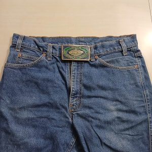 Society of Professional Well Log Analysts vintage belt buckle – worn on belt with jeans
