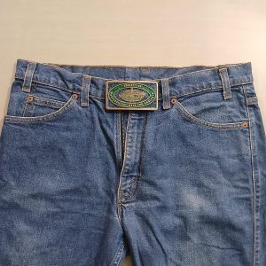 Society of Professional Well Log Analysts vintage belt buckle – worn on belt with jeans