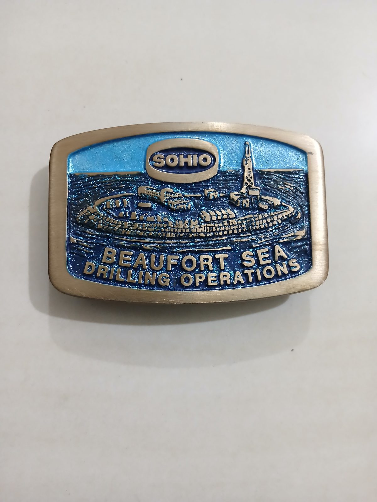 Sohio Beaufort Sea Drilling Vintage Belt Buckle – Front view Sohio Beaufort Sea Drilling vintage belt buckle – front view