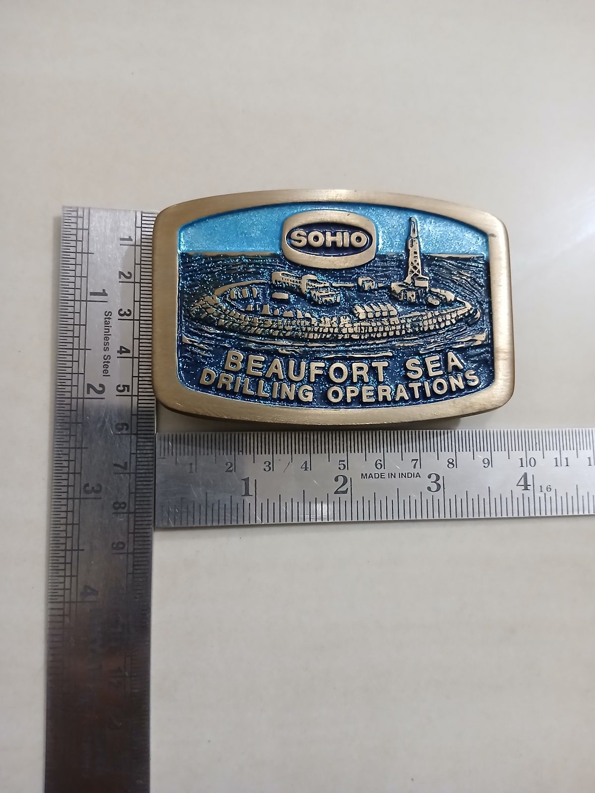 Sohio Beaufort Sea Drilling Vintage Belt Buckle – With ruler for size Sohio Beaufort Sea Drilling vintage belt buckle – with ruler for size