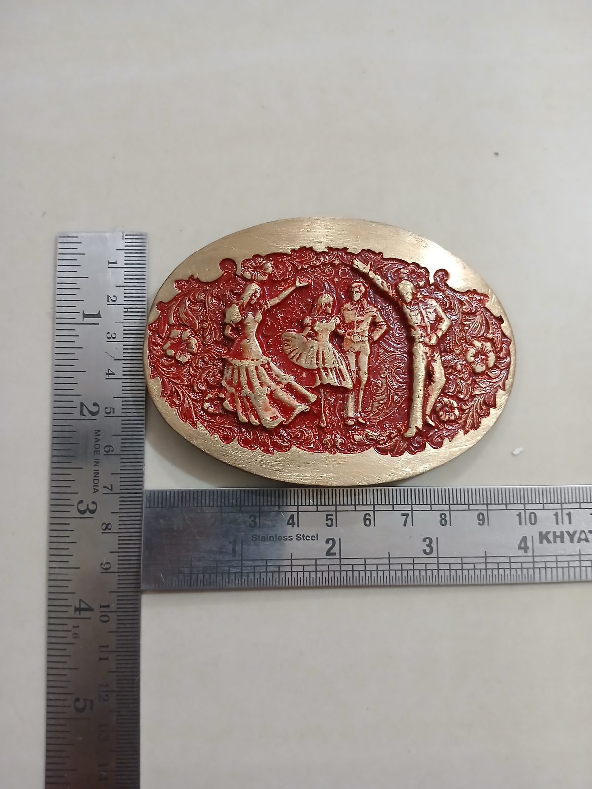 Square Dancers Vintage Belt Buckle – With ruler for size Square Dancers vintage belt buckle – with ruler for size