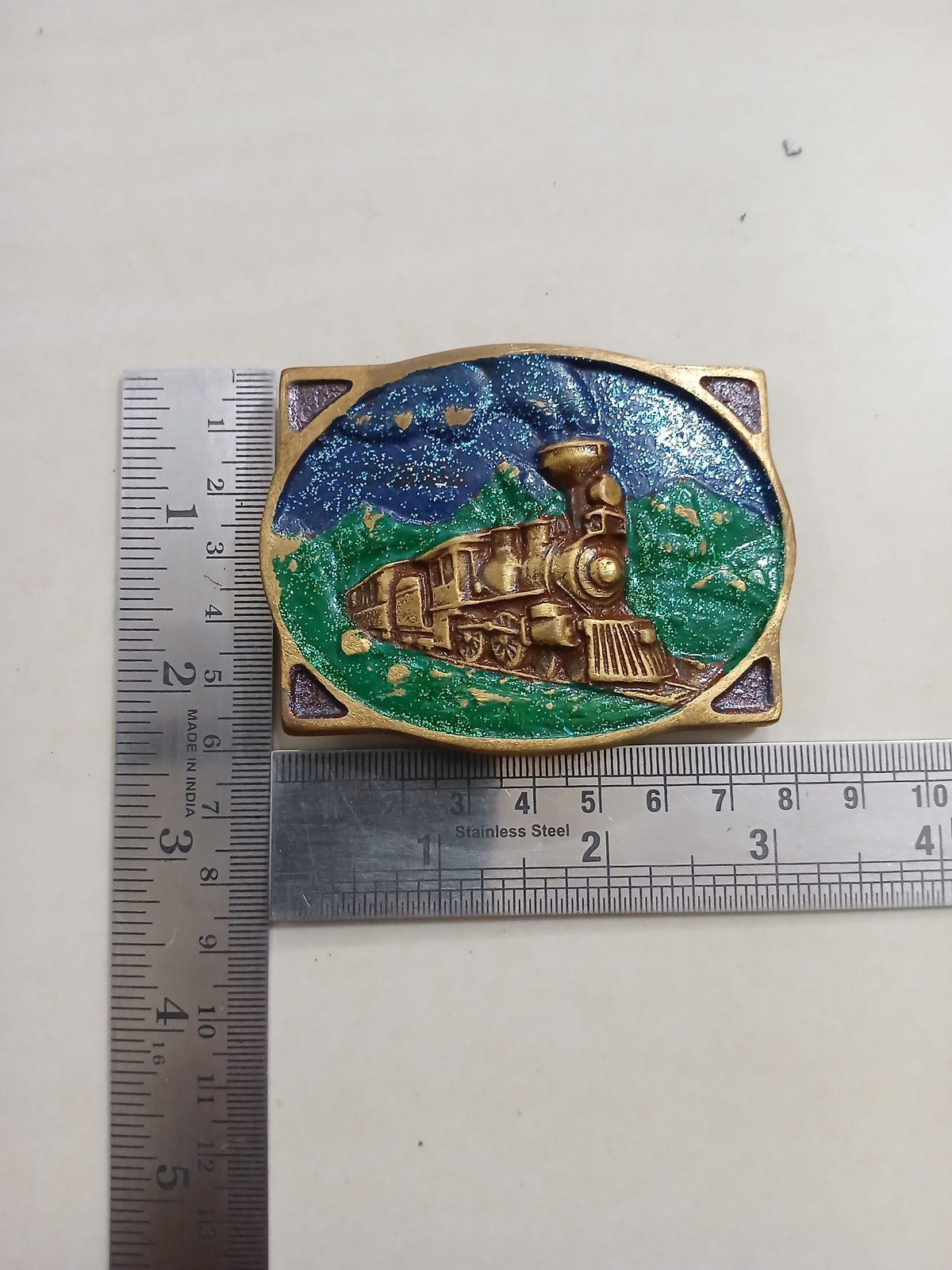 Steam Train Vintage Belt Buckle – With ruler for size Steam Train vintage belt buckle – with ruler for size