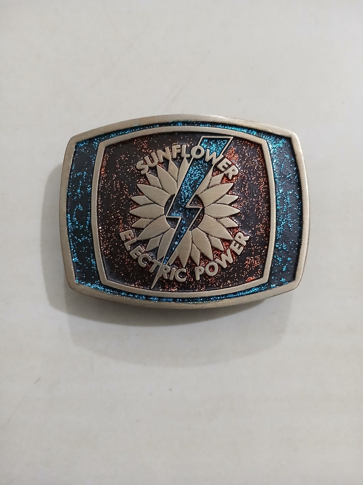 Sunflower Electric Power Vintage Belt Buckle – Front view Sunflower Electric Power vintage belt buckle – front view