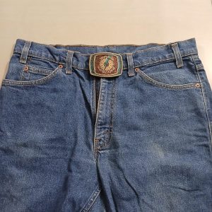 Sunflower Electric Power vintage belt buckle – worn on belt with jeans