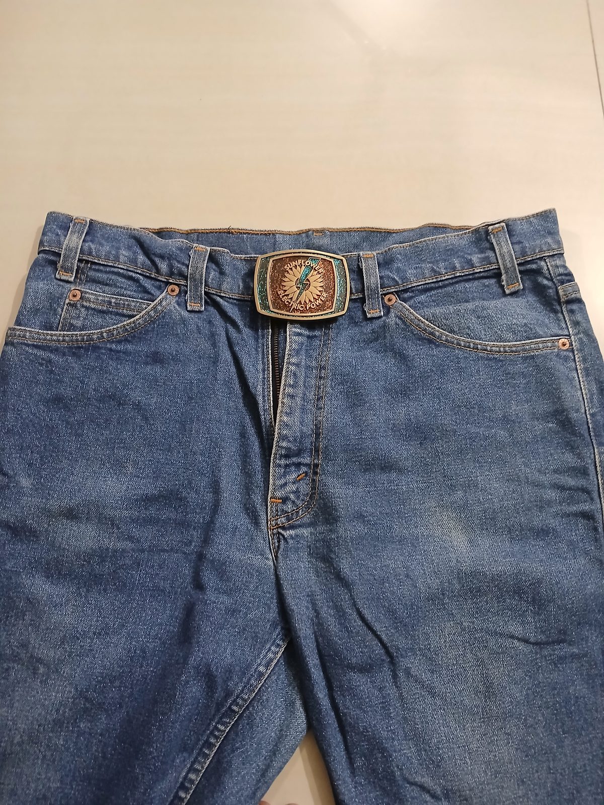 Sunflower Electric Power Vintage Belt Buckle – Worn on belt with jeans Sunflower Electric Power vintage belt buckle – worn on belt with jeans