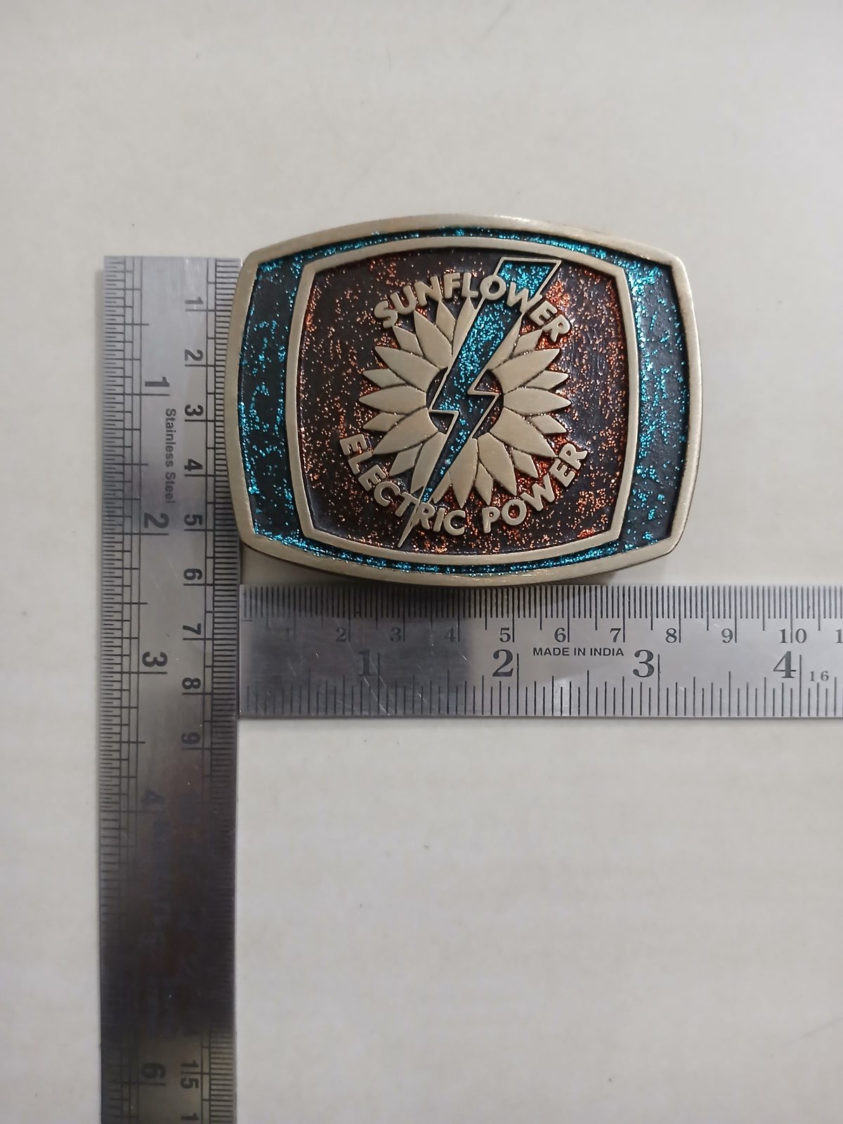Sunflower Electric Power Vintage Belt Buckle – With ruler for size Sunflower Electric Power vintage belt buckle – with ruler for size