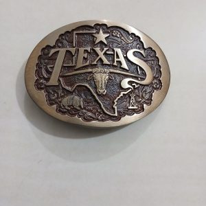 Texas Longhorn Map vintage belt buckle – front view