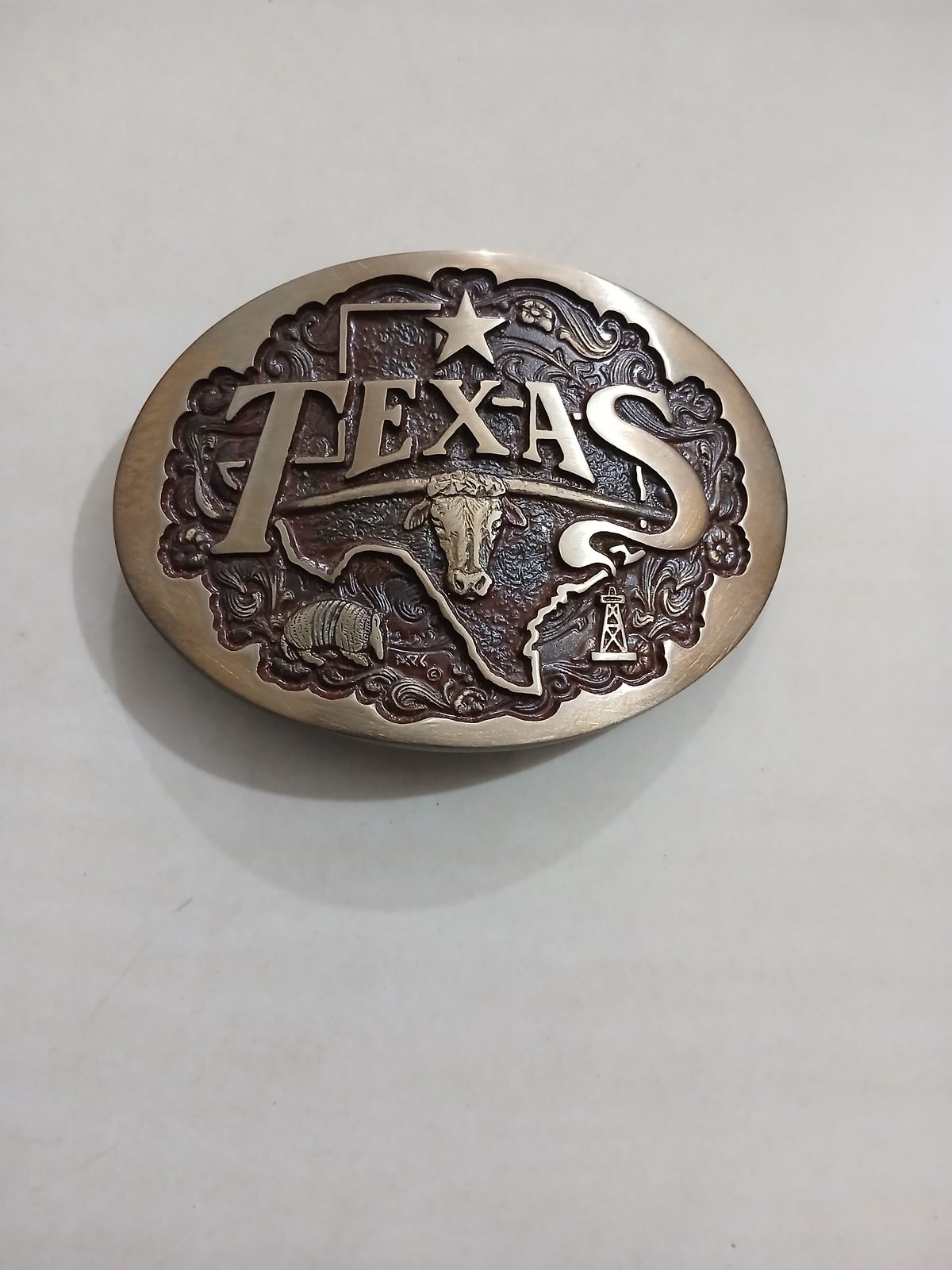 Texas Longhorn Map Vintage Belt Buckle – Front view Texas Longhorn Map vintage belt buckle – front view