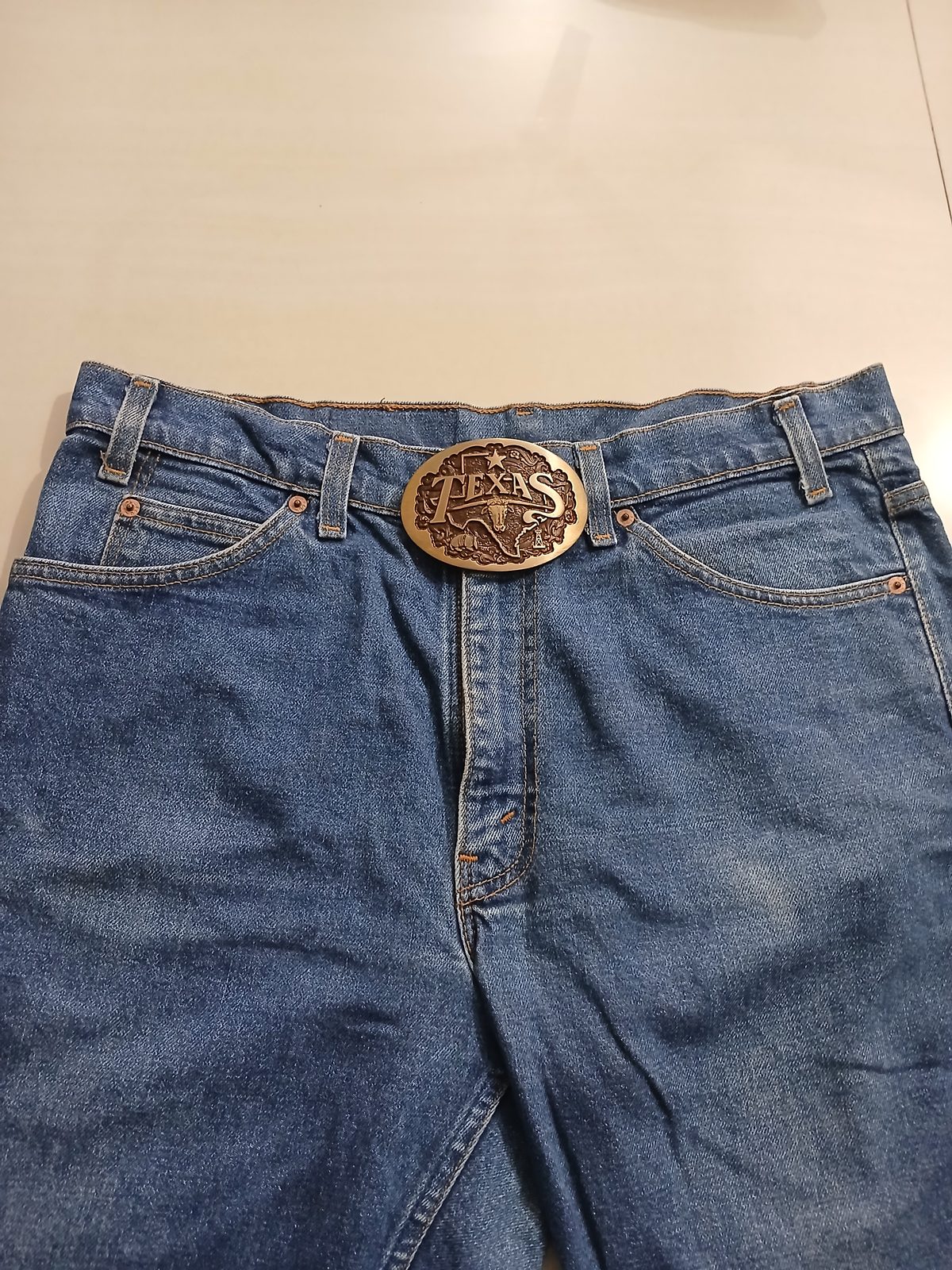 Texas Longhorn Map Vintage Belt Buckle – Worn on belt with jeans Texas Longhorn Map vintage belt buckle – worn on belt with jeans
