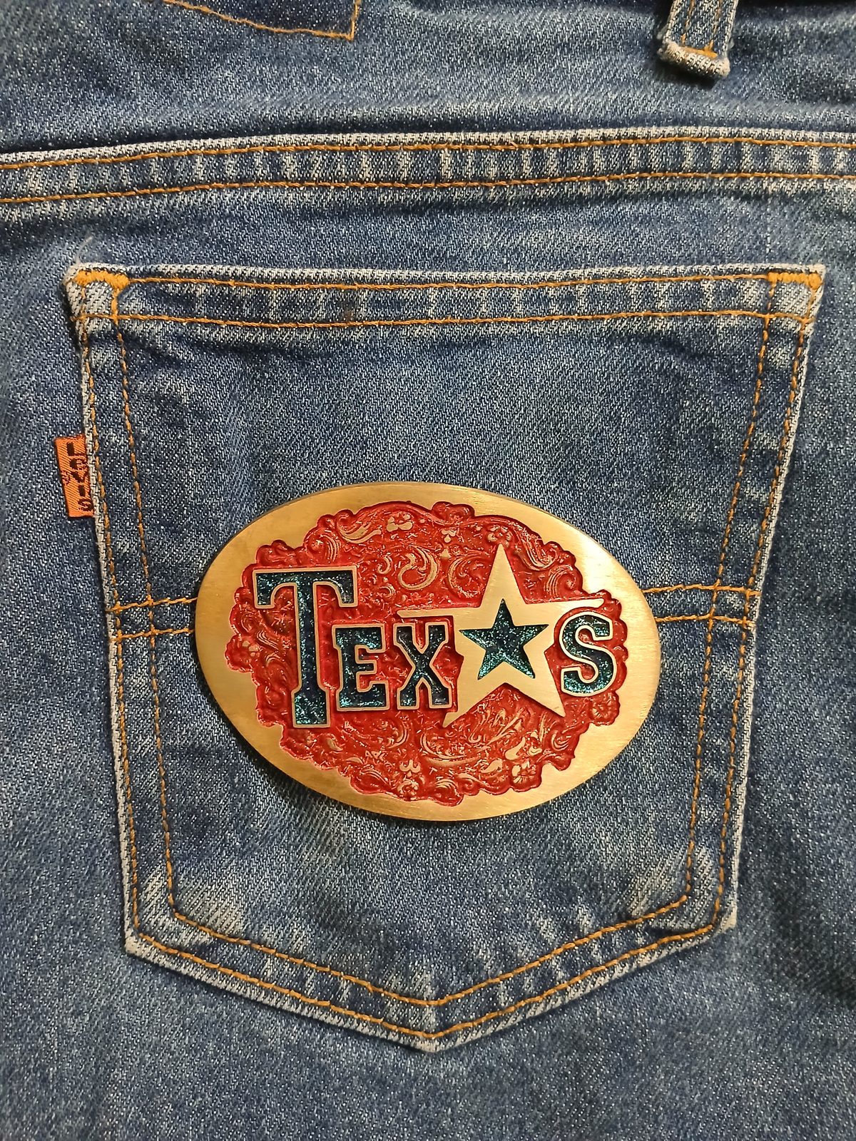 Texas Star Vintage Belt Buckle – On jeans back pocket Texas Star vintage belt buckle – on jeans back pocket