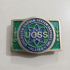 UOSS Udelhoven Oilfield Alaska vintage belt buckle – front view