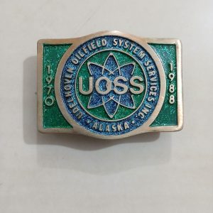 UOSS Udelhoven Oilfield Alaska vintage belt buckle – front view