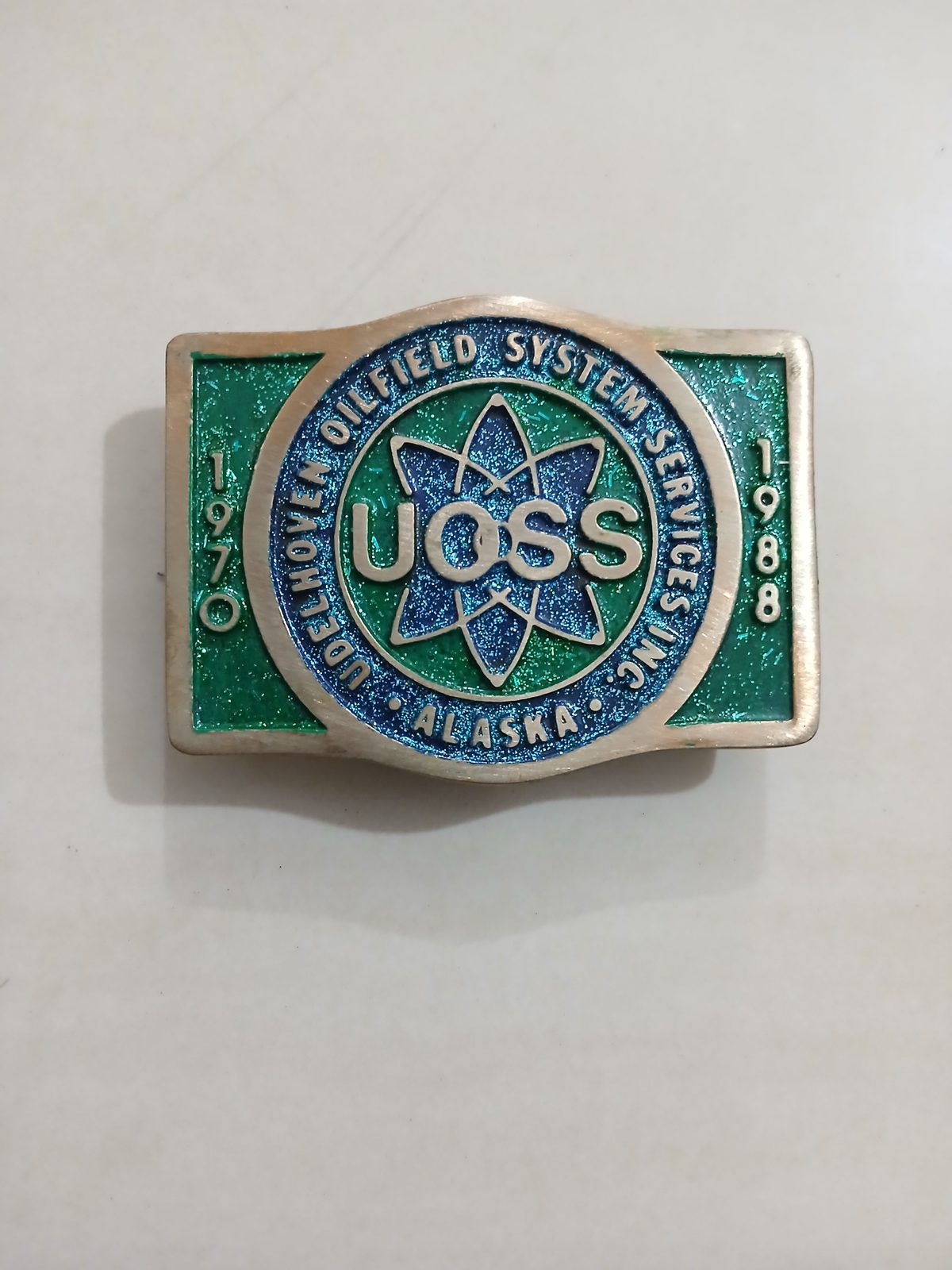 UOSS Udelhoven Oilfield Alaska Vintage Belt Buckle – Front view UOSS Udelhoven Oilfield Alaska vintage belt buckle – front view