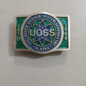 UOSS Udelhoven Oilfield Alaska vintage belt buckle – front view